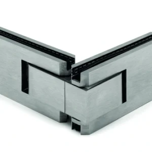 Cerniera regolabile a scatto vetro–vetro con attacco 90°in acciaio