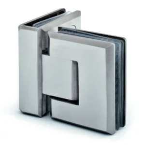 Cerniera a scatto vetro–vetro con attacco 90° in acciaio inox